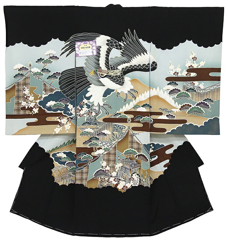 ※記念感謝祭☆送料無料☆京友禅特撰染、豪華刺繍入り☆大鷹に王朝庭園文、松竹梅、多色友禅☆お祝着