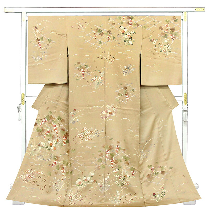 ※記念感謝祭☆仕立無料・送料無料☆京友禅伝統工芸手描き美術染、刺繍入り、鹿の子染☆正倉院吉祥四季花王朝庭園図特撰訪問着｜京都かもがわ