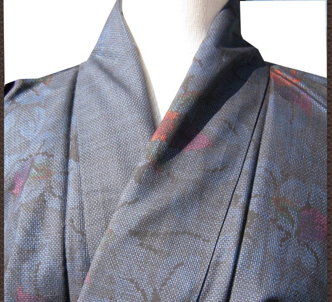 着物 大島紬 紺色 花柄 正絹リサイクル着物 中古着物