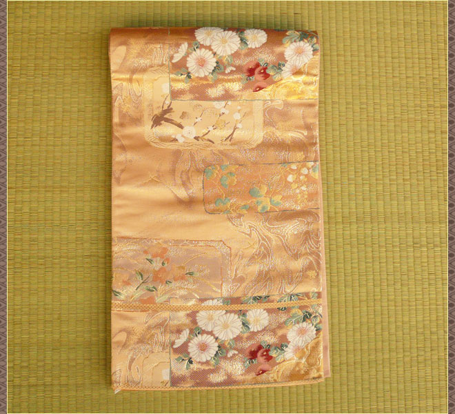 袋帯 正絹 うす茶色ピンク色