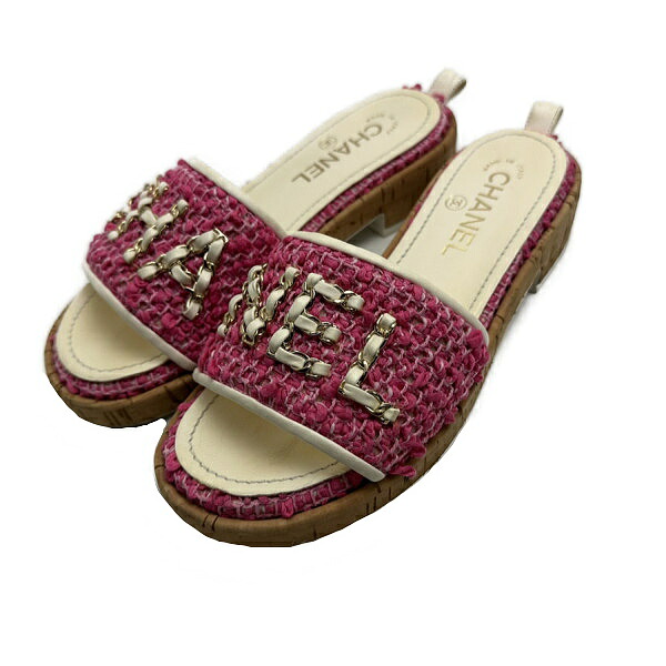 ☆シャネル CHANEL☆ 靴/ミュール/サンダル/ツイード/チェーンデザイン/コーラルレッド&times;ピンク/#37C/G34826 【SA7353】【税込価格】【質屋出店】【中古】【対応】｜かねき質店