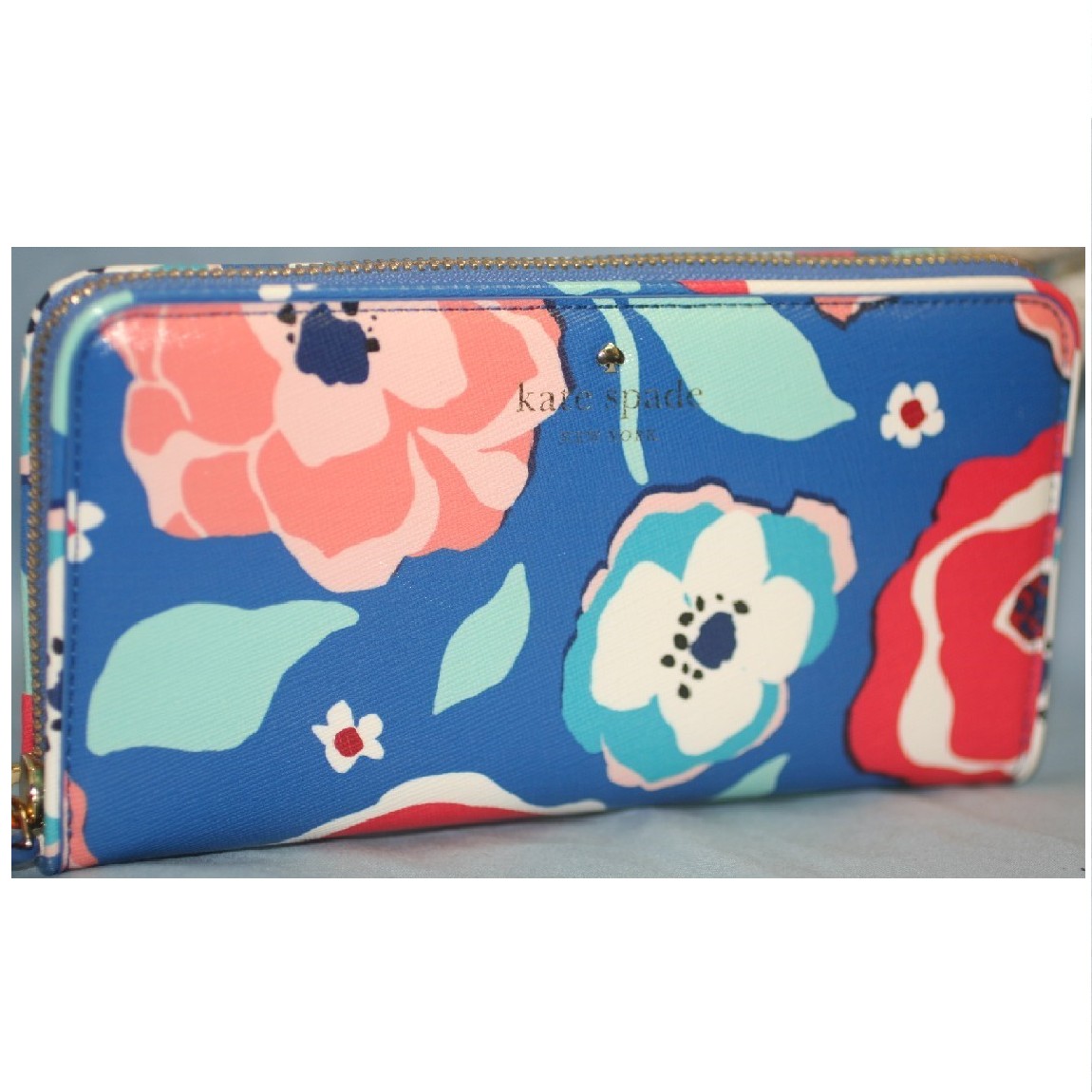 【未使用】kate spade チェック柄 長財布 ブルー ラウンドファスナー 未使用】kate spade チェック柄 長財布 ブルー ラウンド
