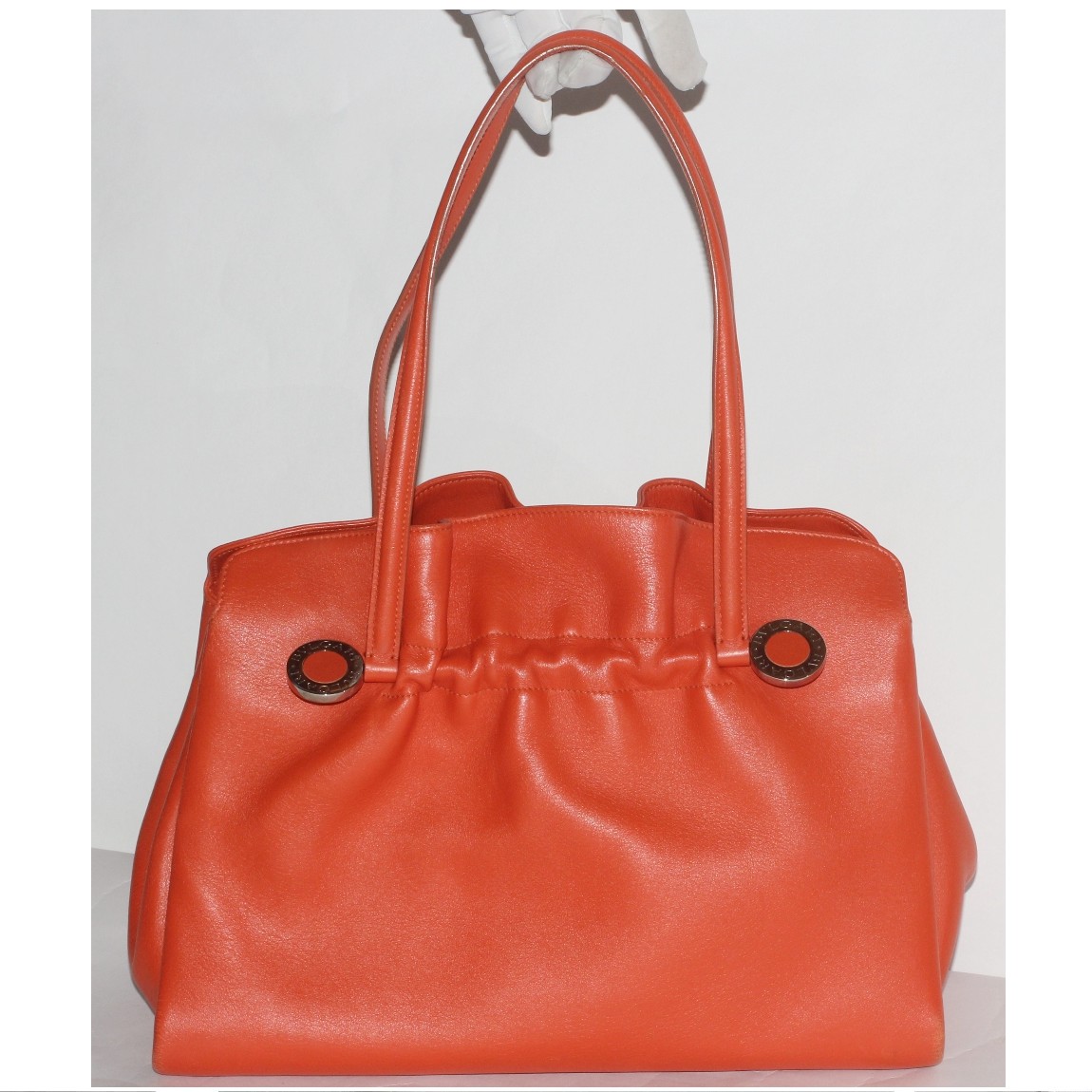 【中古】本物綺麗ブルガリの女性用オレンジ色革素材トートバッグ サイズW35,5H23D15cm 〇C19-83|質カラーズ