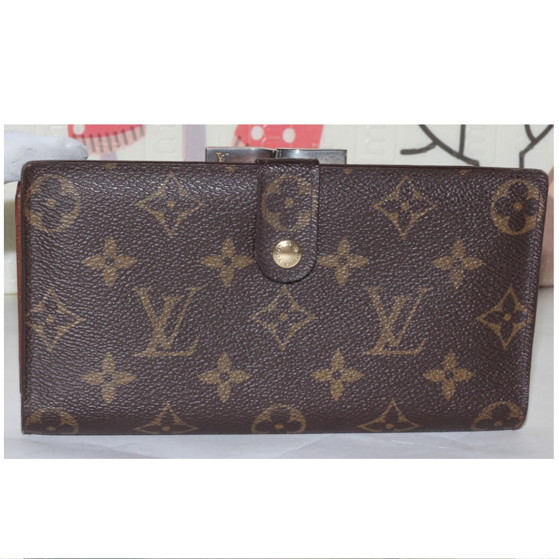 【中古】本物可ビンテージ L/Vのモノグラム柄のUSA製がま口式長財布コンチネンタル・クラッチT61217 サイズW17,7H9,8D2cm 〇C19-294 KA-15 2J1