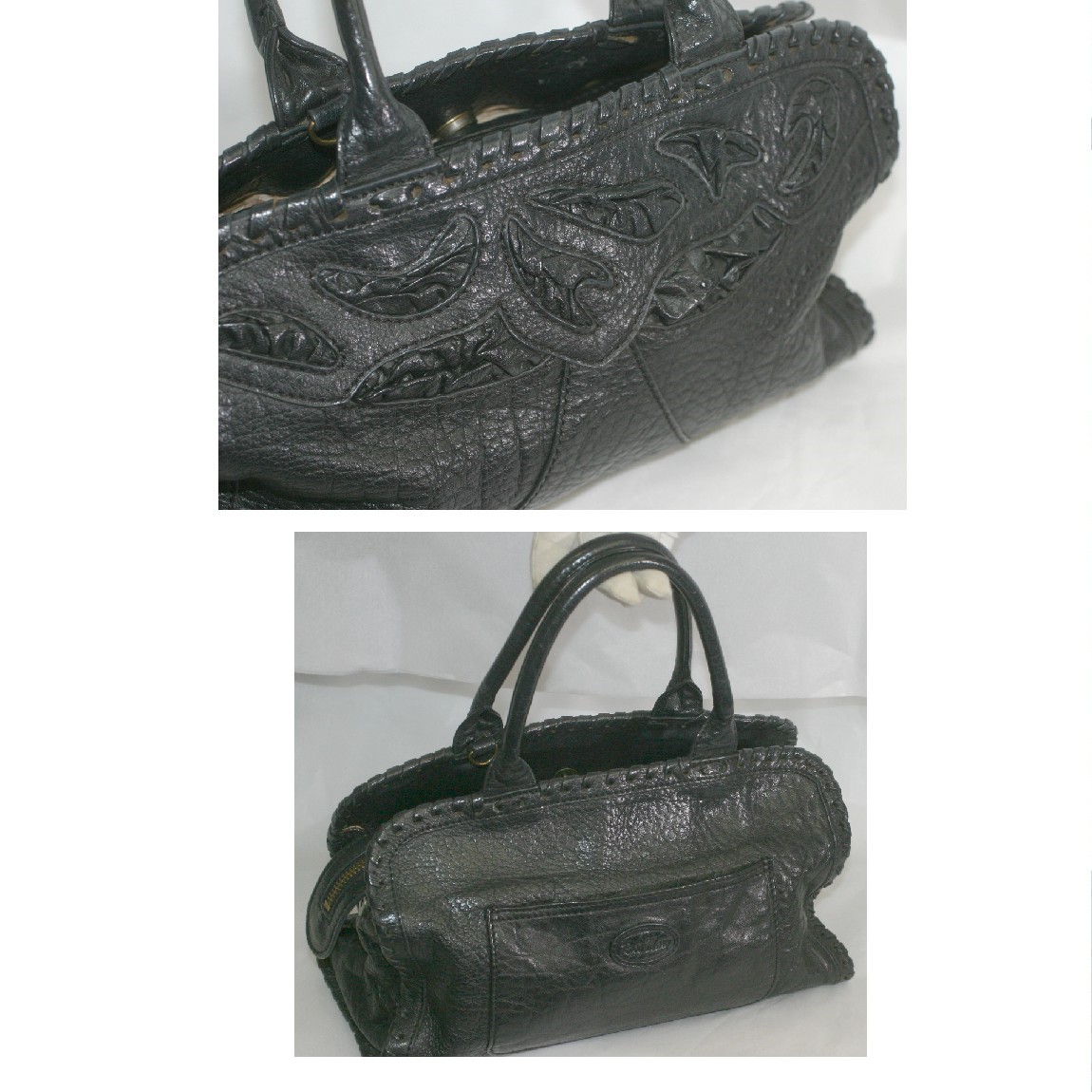 【中古】本物綺麗ROSE MARYローズマリー黒い革素材お洒落なフォルムのバッグ　サイズW27xH12xD11cm　○C14-285 保管場所2-27｜質カラーズ