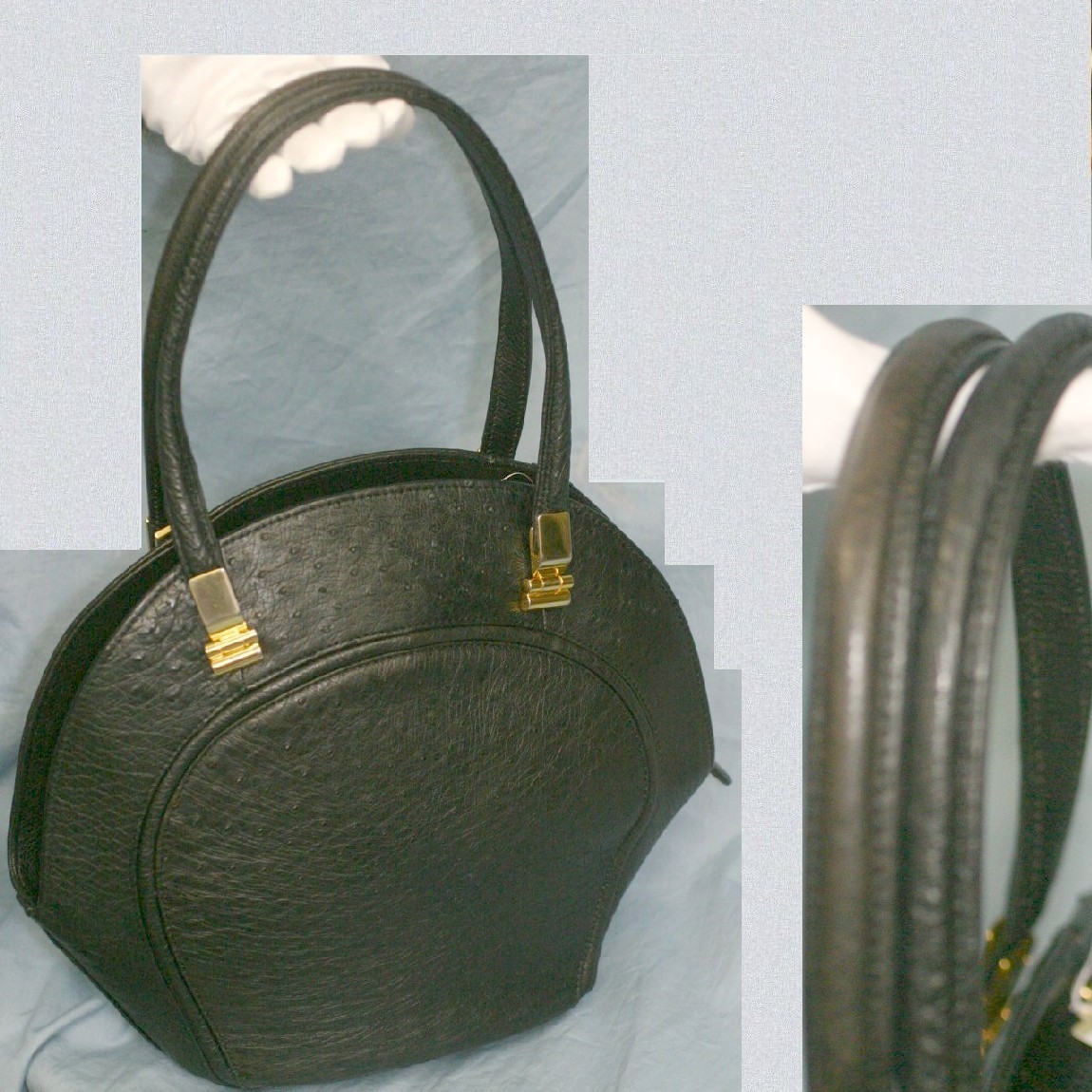 【中古】本物綺麗オーストリッチ女性用全面腑黒お洒落な円形バッグ　○C4-455｜質カラーズ