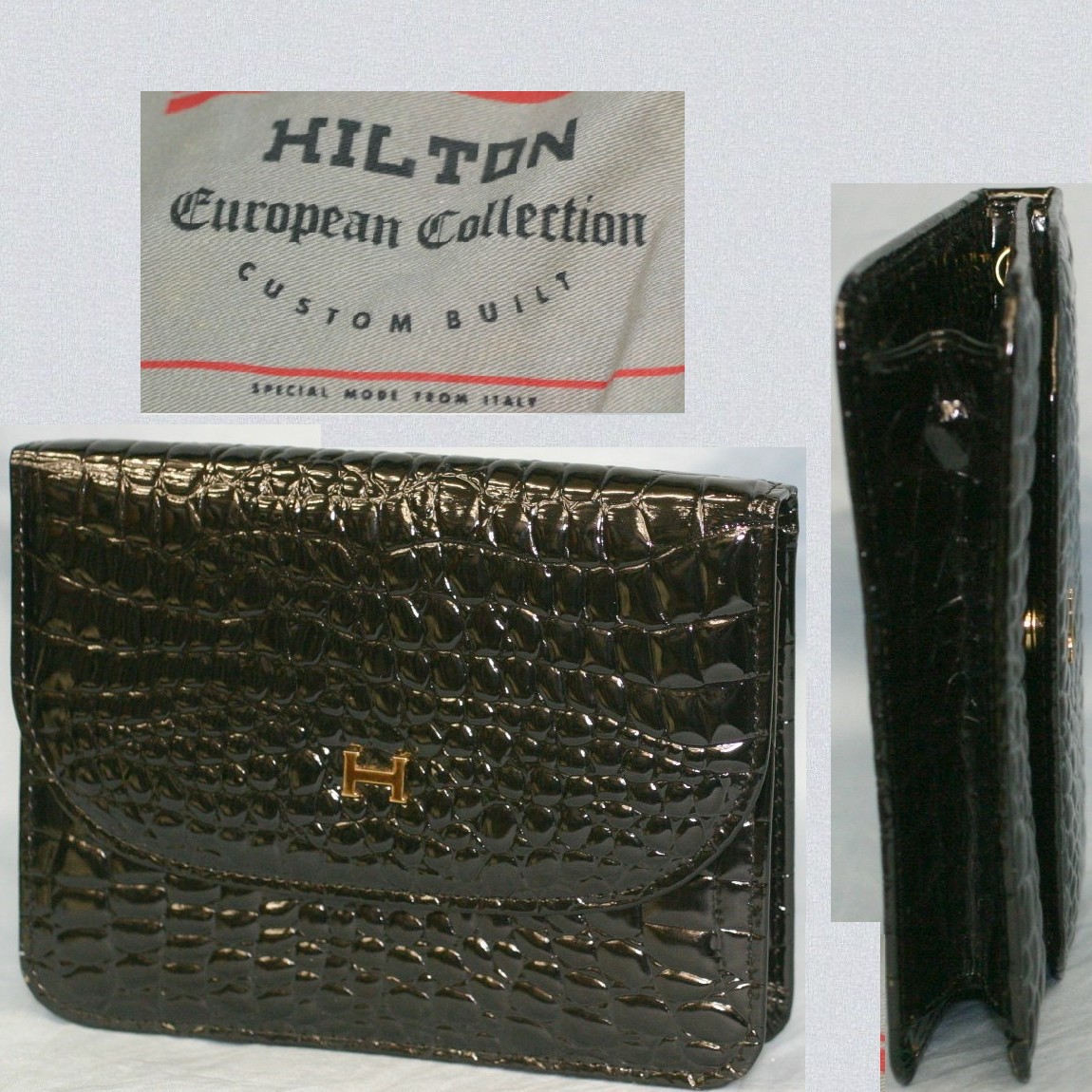 【中古】本物新品同様HILTONの黒クロコ素材17,5x13x5センチクラッチバッグ 〇C3-582|質カラーズ