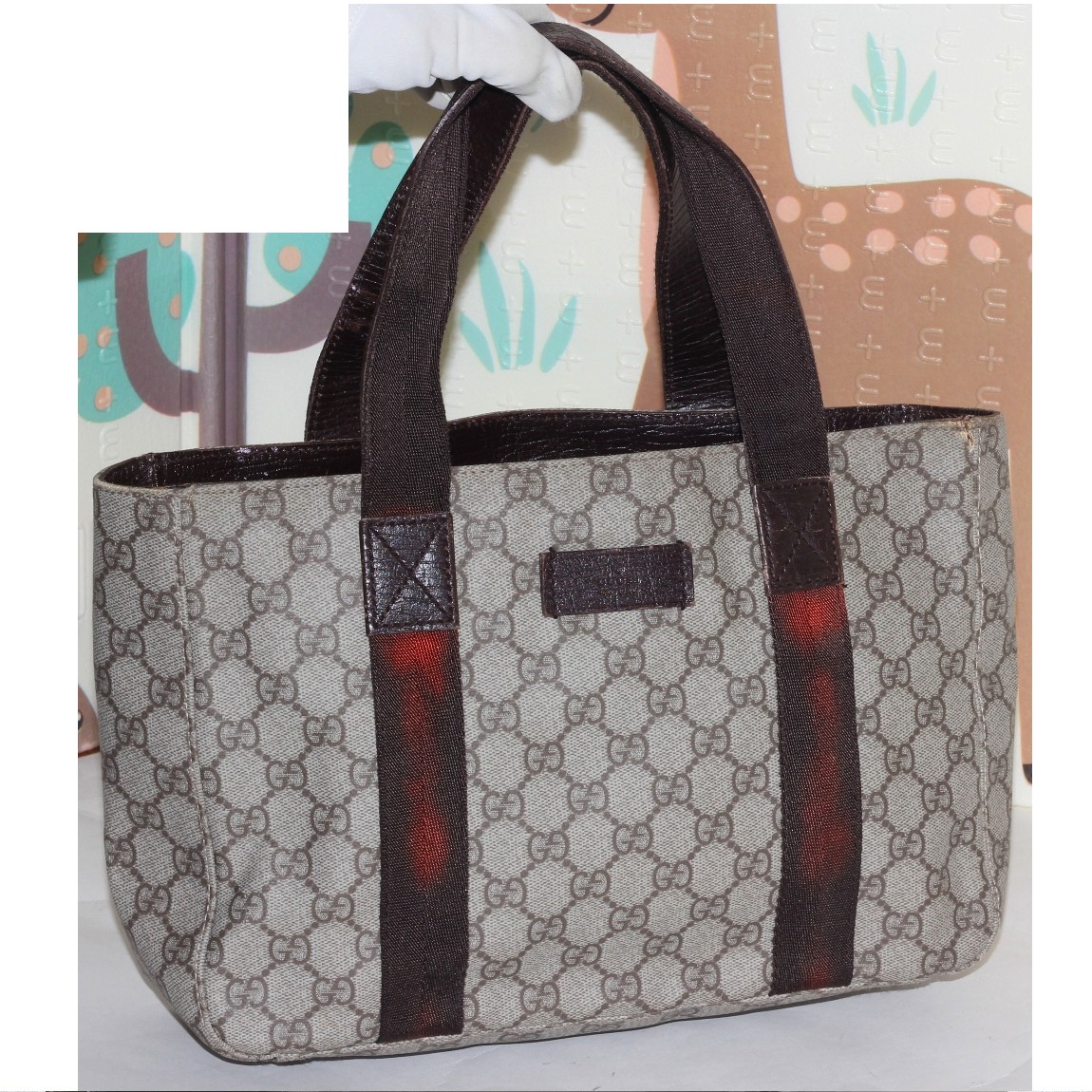 【中古】本物綺麗グッチの女性用茶GG柄エンビ素材のトートバッグ　サイズW30H19D9cm　〇C20-80-2　西-24｜質カラーズ