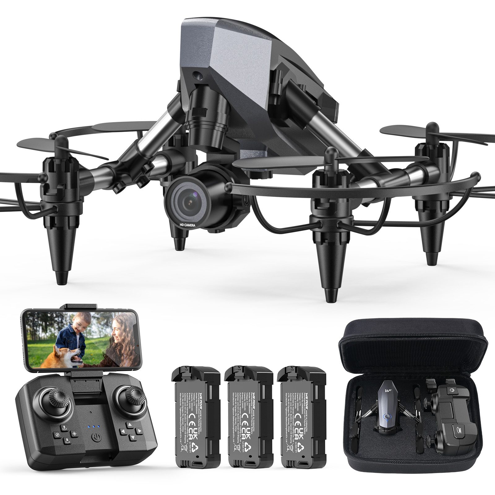 ドローン カメラ付き 子供向け 100g未満 申請不要 1080P FPV 小型 バッテリー3個 21分操作時間 収納ケース付き 室内 軌跡飛行 2.4GHz 初心者向け 小学生 プレゼント 国内認証済み WF10 黒