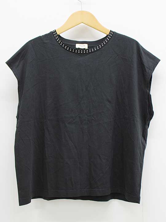 セリーヌ スタッズ付ノースリーブカットソー M レディース 黒いこと【中古】★ Tシャツ・カットソー-レディースファッション