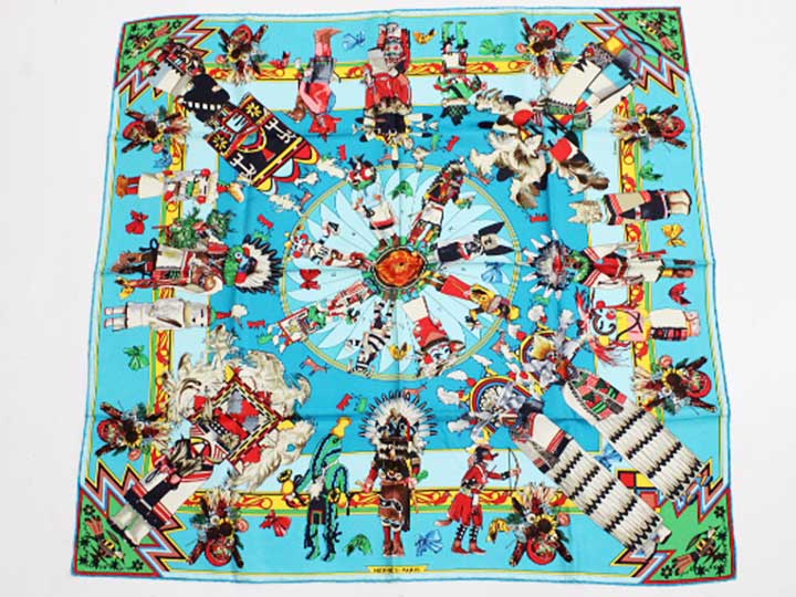 エルメス カレ90 Kachinas カチナ 民族柄 大判えり巻き   レディース ターコイズブルー【中古】【新入荷】★