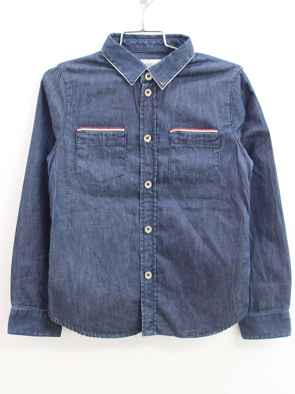 美品 アルマーニジュニア 16A ブルー ストライプ長袖シャツ 0043.jpg