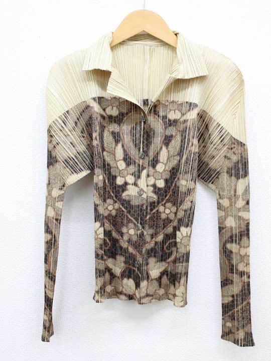 【値下げ】‡ISSEY MIYAKE/イッセイミヤケ‡転写プリントシャツ/長袖 ベージュ×ブラウン/茶 レディース 3【中古】 春秋 528042