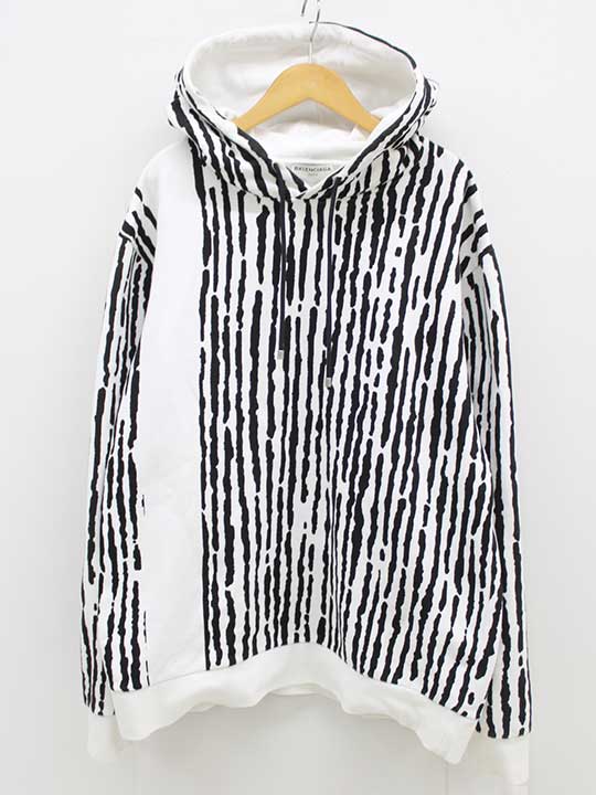 【割り引き】‡BALENCIAGA/バレンシアガ‡総柄ゼブラフードパーカー/ティーシャツパーカー/長袖 白いこと×黒いこと/白×黒 メンズ L【中古】年月  711052
