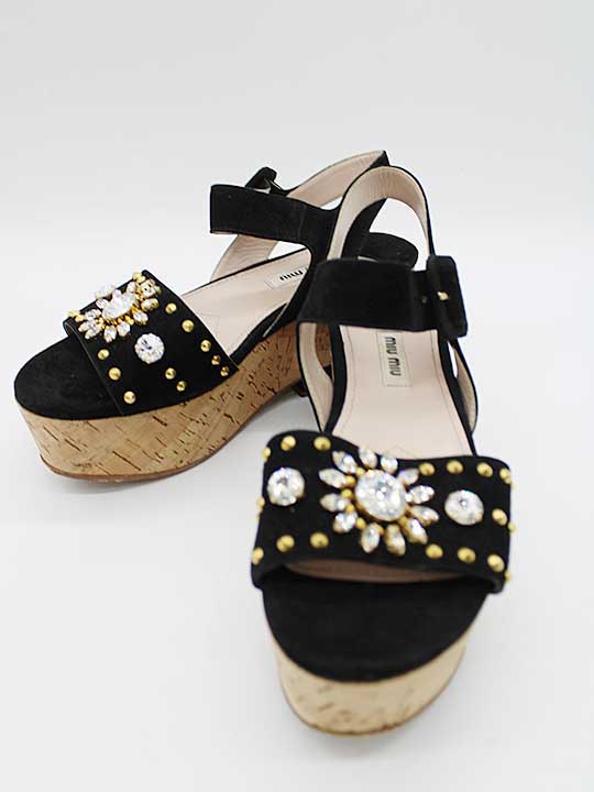 ▽MIUMIU/ミュウミュウ▽スエードビジュー付コルク厚底サンダル/スニーカー/シューズ/靴 ブラック レディース 361/2【中古】春夏 113052 12,506円