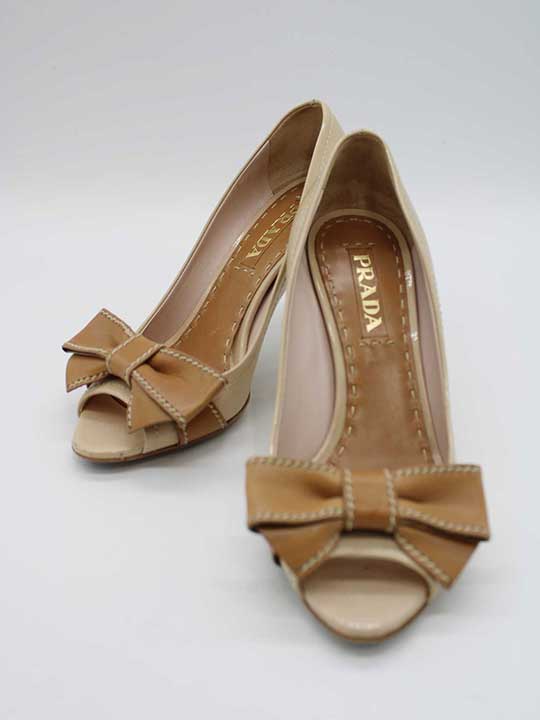 ▽PRADA/プラダ▽オープントゥエナメルパンプス/スニーカー/シューズ/靴 ベージュ レディース 361/2【中古】春秋 113052