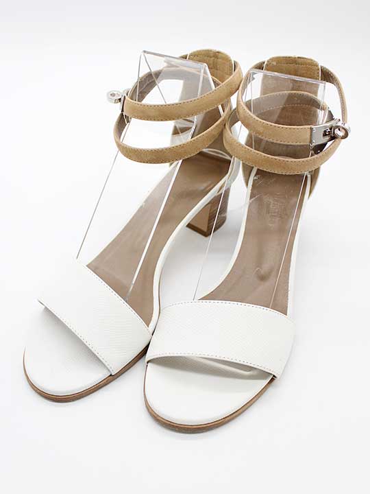 セカンズ キッズセカンズ ストラップ 春夏 レディース靴 Hermes エルメス Manage マネージュケリーベルトアンクルストラップサンダル 靴 シルバー金具 レディース 中古 38 24 5cm サンダル ホワイト ベージュ