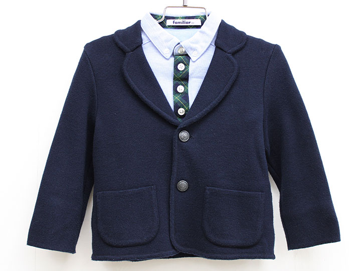 ▲ファミリア/familiar▲100cm ニットジャケット/ブレザー＆長袖ポロシャツセット 濃紺＆水色 フォーマル 入園式 通園 結婚式 お稽古 通塾 冠婚葬祭【中古】子供服 キッズ kids 男の子 fml 712052