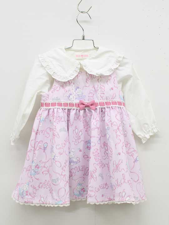 【百貨店SALE!】メゾピアノ 長袖トップ×前掛けスコート書き割り 90珊 キッズ お嬢さん 白×さくら色【中古】《