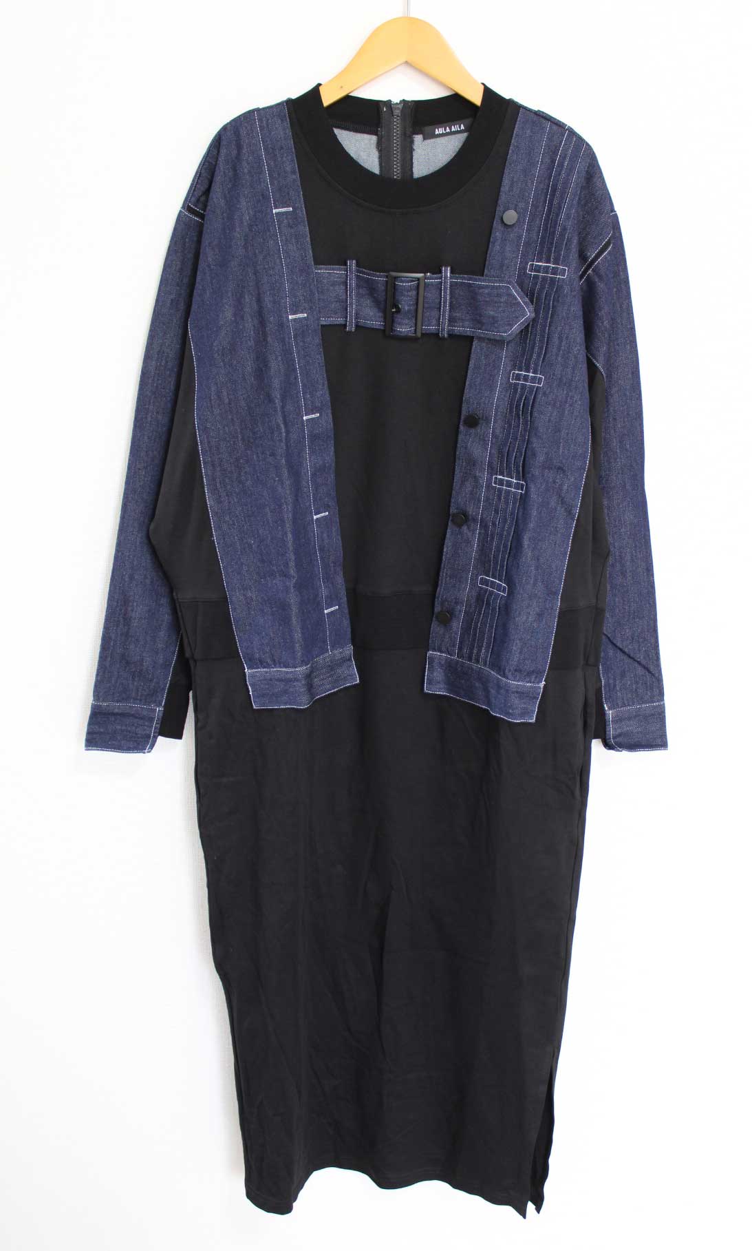 【耳あたらしい切り詰め】アウラアイラ デニムドッキングワンピース レディース 0 黒いこと/黒【中古】●
