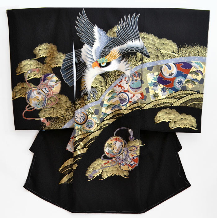 お宮参り 男の子 着物 男児 正絹 初着 産着 鷹に鼓柄 黒 刺繍 吉祥文様 日本製 販売 購入 爆売り