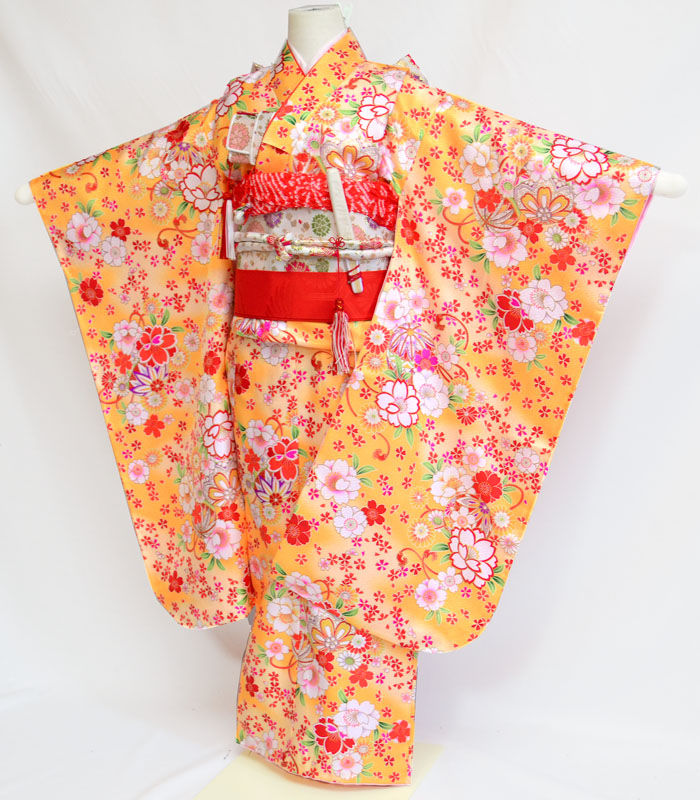 七五三 753 着物 7歳 女の子 着物フルセット 桜にマリ 山吹 四つ身セット 着付けマニュアルDVD付き 販売 購入