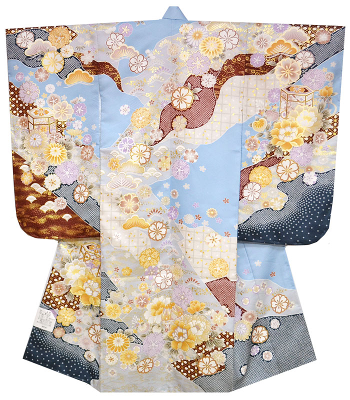 七五三 753 着物 7歳 女の子 四つ身着物 単品 絵羽柄 貝桶に牡丹柄 水色 染め分け 販売 購入｜KIDSKIMONOYUUKA