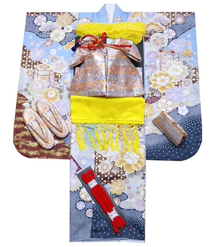 七五三 753 お召しもの 7歳 御姉さん お召しものフルセット 絵羽柄 貝桶に名取り草柄 水色 染め分け  四つ身仕掛ける  着付け取扱説明書ヴィデオディスク付き添い人 売りわたす 買いもとめる
