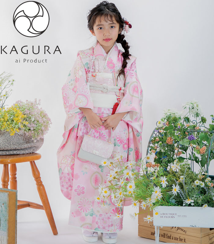 404ag30着物のみ■七五三 七歳 女児 アンティーク着物 桜■状態良好 七五三 着物 7歳 四つ身 単品 女の子 着付けマニュアル付き ピンク地に