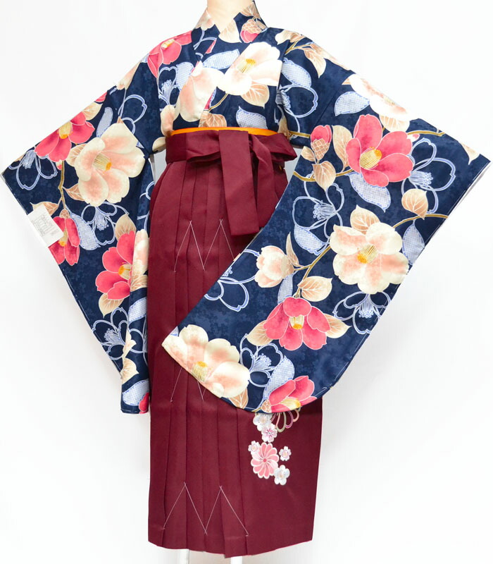 選べる袴7色 卒業式 袴セット 大学生 小学校 小学生 二尺袖 着物 袴 セット ジュニア 女の子 レディース 女性 椿柄 紺7 販売 購入 小学生セット 大学生セット