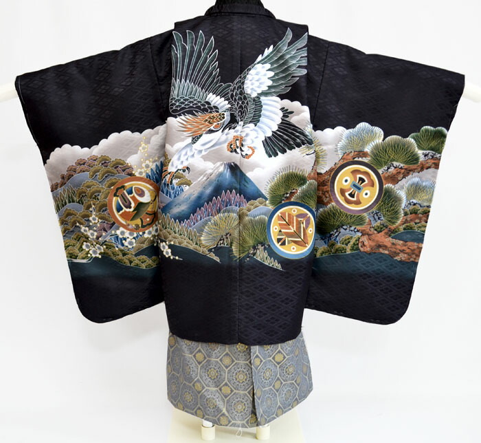 七五三 753 着物 男の子 袴 セット お祝い着 5歳羽織袴 フルセット 鷹に富士山 黒 販売 購入