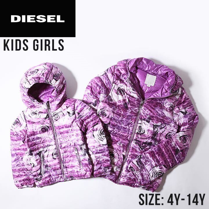 楽天市場 Diesel Kid ディーゼルキッズ ジュニア ガール 迷彩花柄 総柄 収納ポーチ付き フードダウンジャケット Janiko Lt Size4 14 パープル Dik L O 94 418 メーカー希望小売価格29 700円 キイロヤ インポート