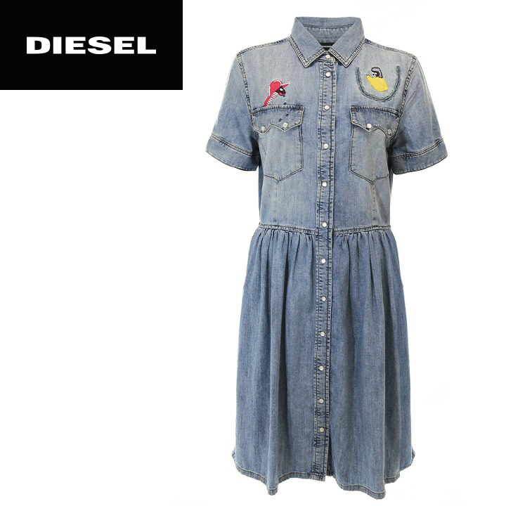 楽天市場 Diesel ディーゼル レディース 刺繍装飾 フロントボタン 膝丈 デニムワンピース 半袖ワンピース De Keishi サイズxs L ミディアムインディゴ Die L T A8 153 メーカー希望小売価格49 500円 キイロヤ インポート