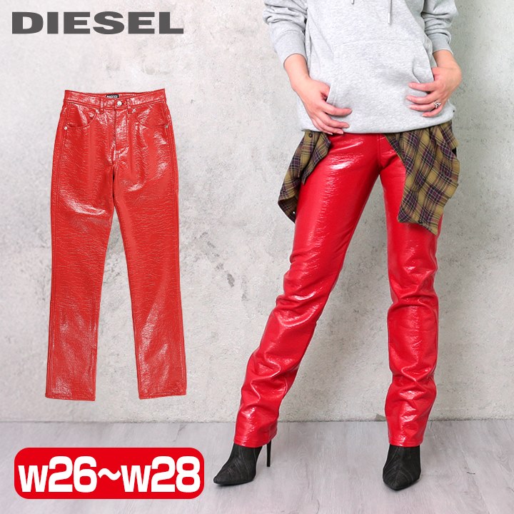 DIESEL フェイクレザー エナメル コーティング パンツ レッド 赤 S レザーパンツ レディース スキニー 革パン バイクパンツ バイク