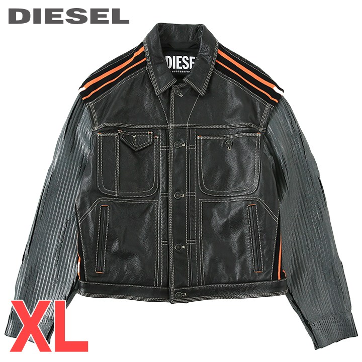 ■DIESEL ディーゼル メンズ■牛革 本革 コーティング加工ニット デニム 切替 レザージャケット【L-BAS】【サイズXL】【ブラック】die-m-o-f8-04n 《メーカー希望小売価格286,000円》｜キイロヤ インポート