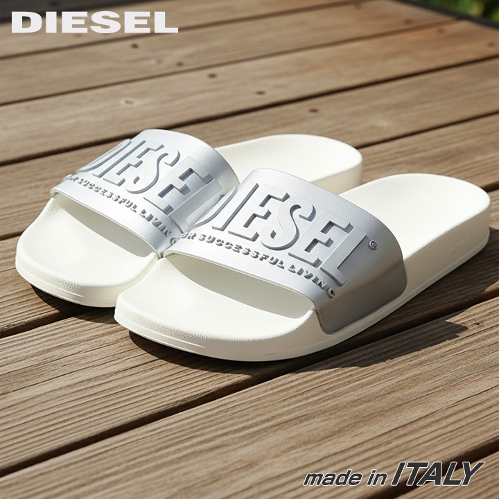 ★DIESEL ディーゼル レディース★エンボスロゴストラップ シャワーサンダル 靴【SA-MAYEMI-W】【日本サイズ23.0～24.5】【シルバー×ホワイト】die-l-k-f8-290 《_メーカー希望小売価格12,100円》