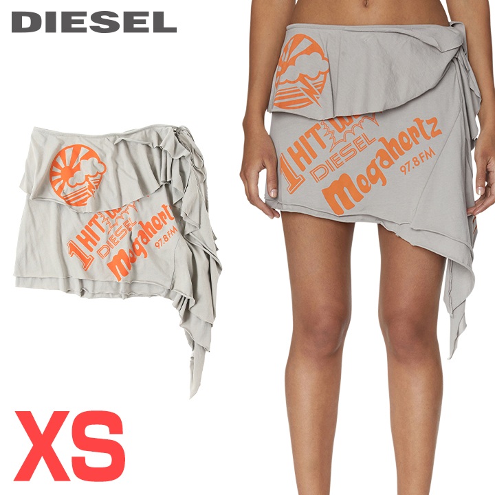 ★DIESEL ディーゼル レディース★プリント カットオフ アインメトリー ミニスカート【O-FLARE】【サイズXS】【グレー】die-l-s-f8-346 《メーカー希望小売価格18,700円》