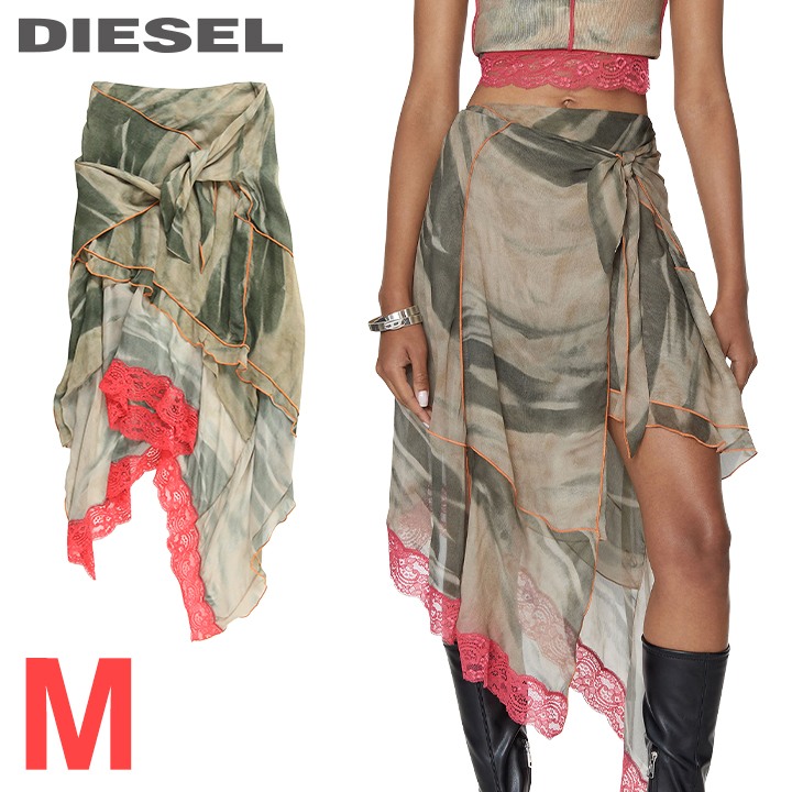 ★DIESEL ディーゼル レディース★カモフラージュ柄 アシンメトリー レース装飾 シースルーレイヤードスカート【O-RUBINO-LACE】【サイズM】【カーキグリーン系】die-l-s-f8-352 《メーカー希望小売価格49,500円》
