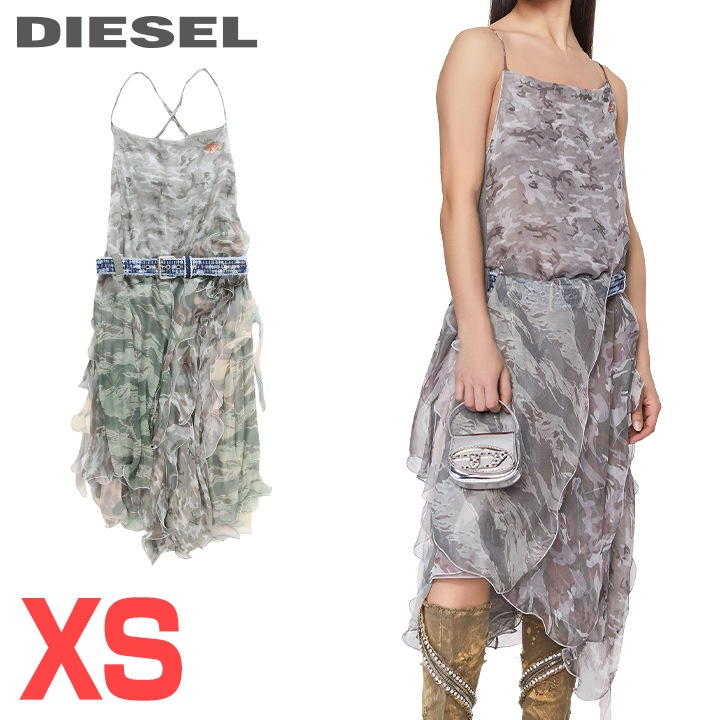 ★DIESEL ディーゼル レディース★ダメージ加工デニムベルト付き カモフラージュ柄 アシンメトリー ノースリーブ シルクレイヤードワンピース【D-CLAES-CMF】【サイズXS】【グレー系】die-l-t-f8-3d9 《メーカー希望小売価格165,000円》