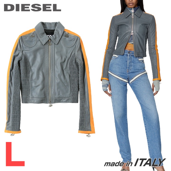 ★DIESEL ディーゼル レディース★羊革 本革 インサイドシャーリング オーバルDジッププル 長袖 レザーバイカージャケット【L-SASKIA】【サイズL】【グレー】die-l-o-g4-212 《メーカー希望小売価格198,000円》
