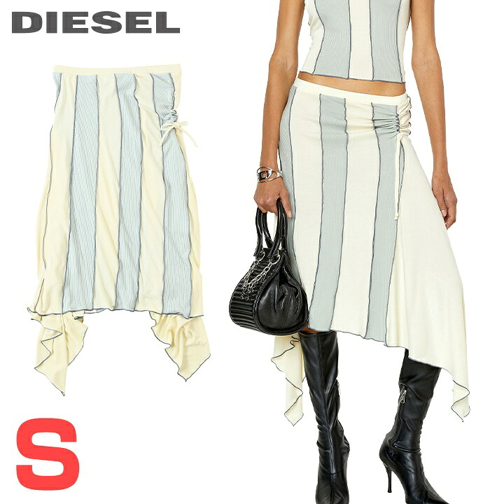 ★DIESEL ディーゼル レディース★ウエストゴム ストライプ 切替 アシンメトリー ひざ丈スカート【O-LIND】【サイズS】【アイボリー×ライトブルー】die-l-s-g4-23e 《メーカー希望小売価格27,500円》