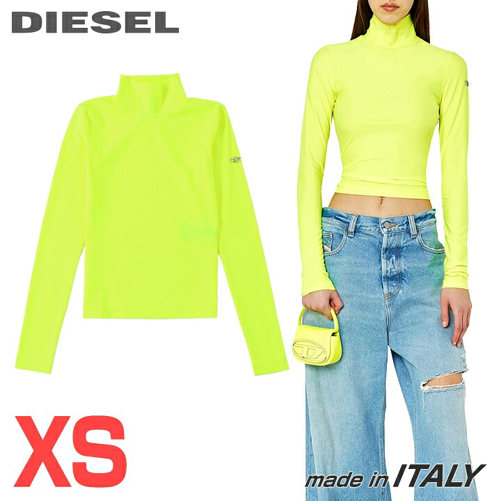★DIESEL ディーゼル レディース★タートルネック オーバルDメタルロゴ ストレッチ タイトフィット 長袖 ジャージートップスカットソー【T-URTLE-G1】【サイズXS】【ネオンイエロー】die-l-t-g4-288 《メーカー希望小売価格23,100円》