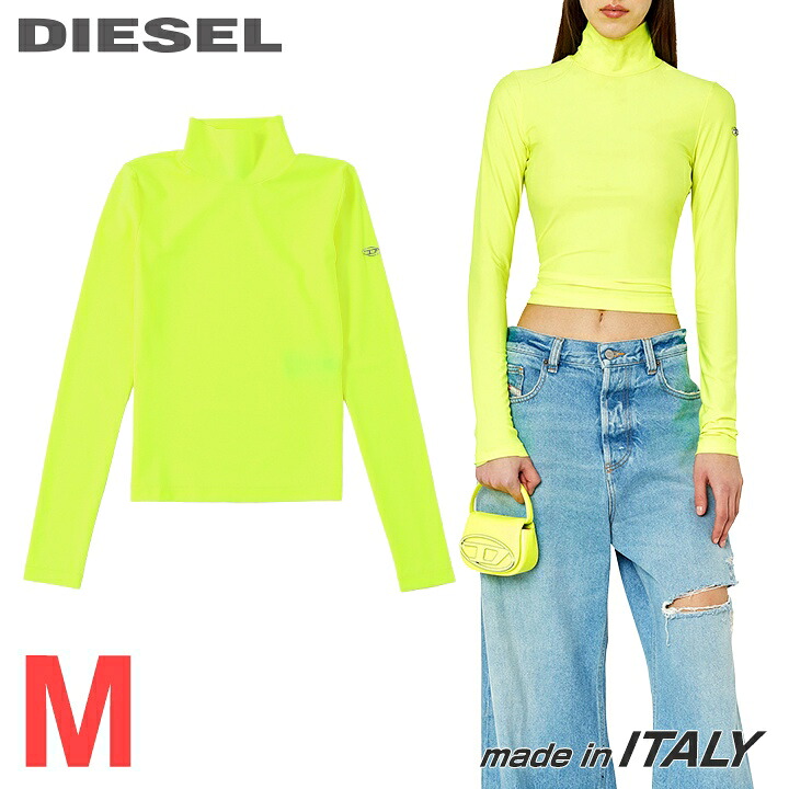 ★DIESEL ディーゼル レディース★タートルネック オーバルDメタルロゴ ストレッチ タイトフィット 長袖 ジャージートップスカットソー【T-URTLE-G1】【サイズM】【ネオンイエロー】die-l-t-g4-28a 《メーカー希望小売価格23,100円》