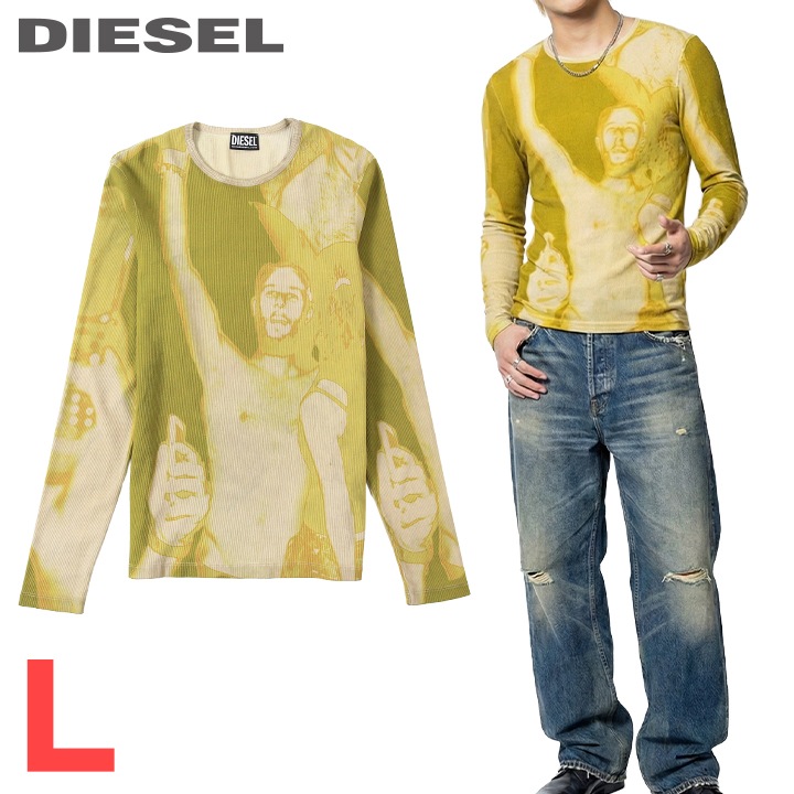 ■DIESEL ディーゼル メンズ■オールオーバープリント スリムフィット 長袖Tシャツ リブカットソー【T-IBBER-LS】【サイズL】【カーキ系】die-m-t-g4-195 《メーカー希望小売価格50,600円》