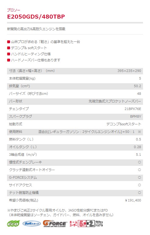 即納最大半額 エンジンチェンソー E2050GDS 480TBP 先端交換式スプロケットノーズバー 新ダイワ やまびこ  whitesforracialequity.org