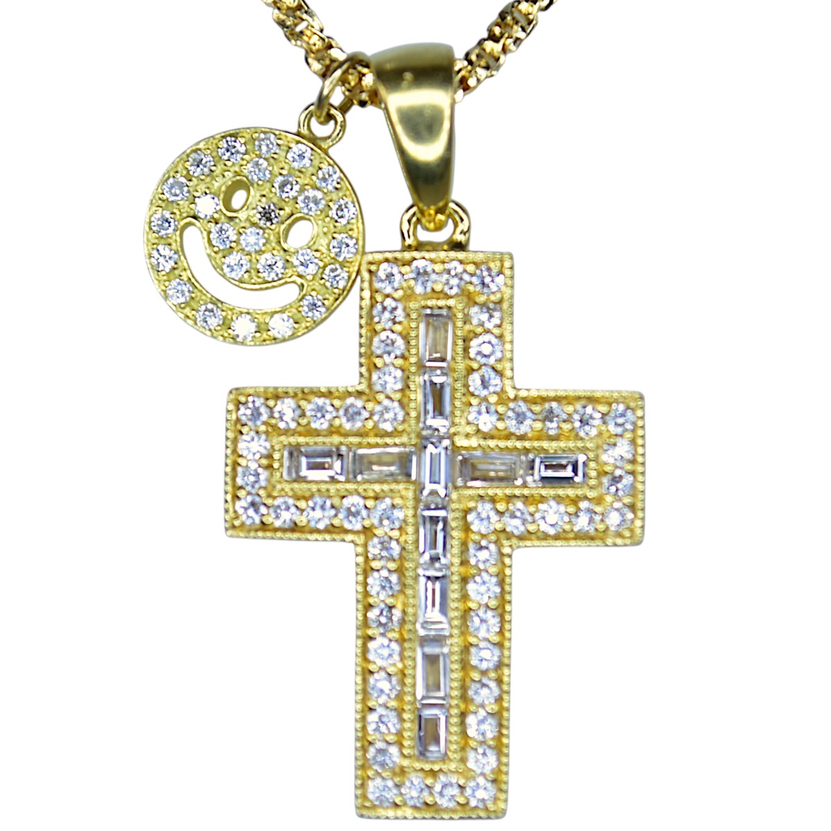 K18YG クロス 豪華 バゲットダイヤモンド スマイリー ネックレス ジュエリー 大人ラグジュアリー メンズ ネックレス 7.9g 0.544ct 0.09ct【中古】【RCP】｜北詰商事・店