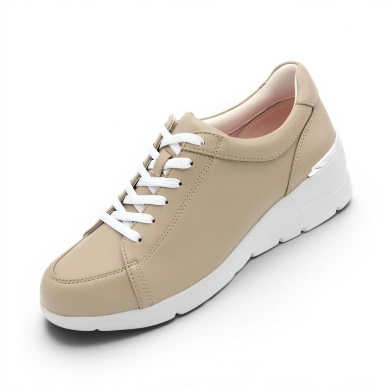 FITJOY フィットジョイ スニーカー レディース FJ-033 ベージュ / 薄墨色 厚底 踵引きあげる 4.5糎 本革 3E 幅ひろい 片方チャック ファスナー 軽さ 一方ならずない 疲れない 歩き分かりやすい シープスキン 羊革 旅する 靴 白 今めかしい