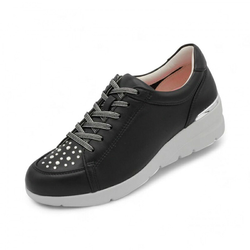 レディースシューズ【FITJOY】FJ125 BLACK GREY ブラックグレー フィットジョイ シープレザー 軽量 オシャレ クリスタルガラス スニーカー サイドファスナー 歩きやすい 履きやすい｜KOBE FOOT CLUB