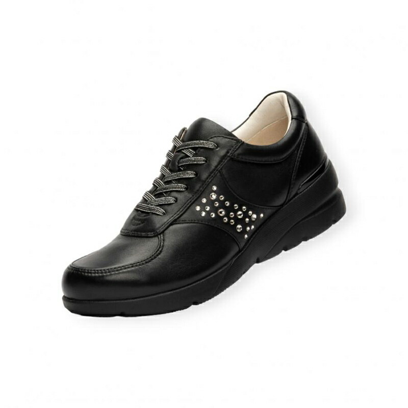 FITJOY フィットジョイ スニーカー レディース FJ-054 ブラック/ブラック 厚底 4.5cm ヒールアップ クリスタルガラス ビジュー サイドファスナー 紐靴 レースアップ 本革 3E 幅広 外反母趾 痛くない 疲れない 歩きやすい 羊革