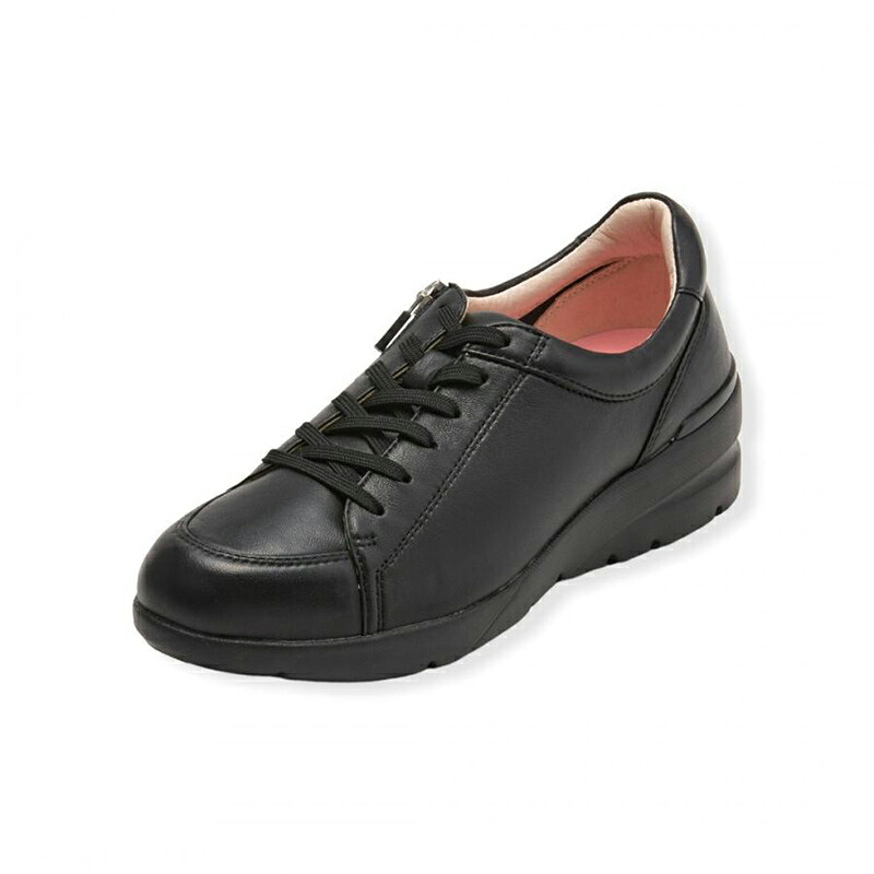 FITJOY フィットジョイ スニーカー レディース FJ-033 BLK/BLK 厚底 踵引きあげる 4.5糎 本革 3E 幅ひろい 片方チャック ファスナー 軽さ 一方ならずない 疲れない 歩き分かりやすい シープスキン 羊革 旅する 靴 黒 今めかしい
